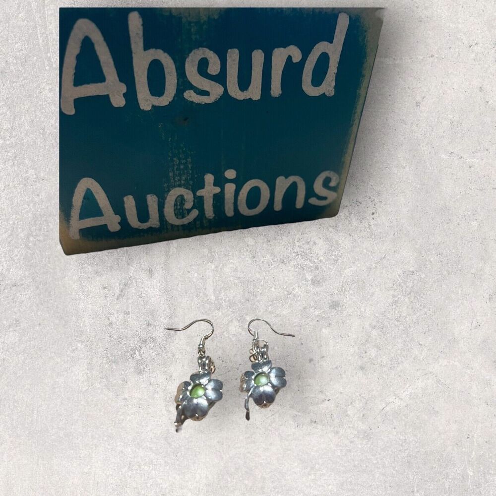 Silver Flower Shaped Cage Earrings with Green Pearls